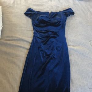 XSCAPE Off-The-Shoulder Navy Velvet Gown